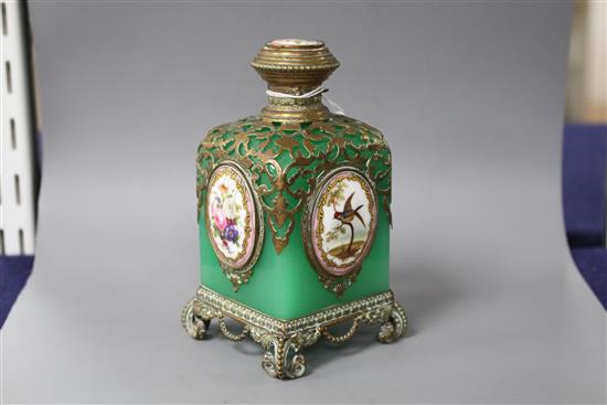 A 19th century French gilt metal mounted glass scent bottle, inset with painted and enamelled plaques, height 13cm